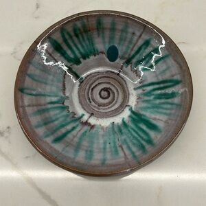 Vintage Studio Pottery Shades of Purple Turquoise Small Signed Dish Spiral